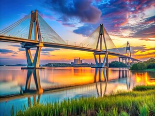 Naklejka premium Stunning View of Ravenel Bridge Over Water with Urban Skyline in Background, Charleston, South Carolina