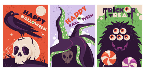 Set of funny Halloween banners or flyers. Vector illustrations. Flat design. Vertical greeting cards for holiday invitation. Crow and skull, multi eyed monster, octopus tentacles. Trick or treat.