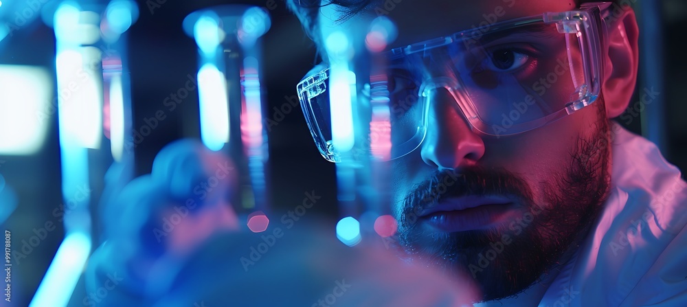 Poster a focused scientist performing an innovative experiment in a state-of-the-art lab, utilizing cutting
