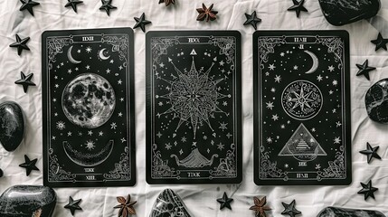 A set of three black tarot cards featuring magical and occult designs