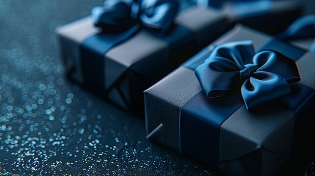 Two elegant gift boxes adorned with blue ribbons against a dark blue backdrop. Monochromatic side view. Perfect for Father’s Day or Valentine’s Day gifts for him