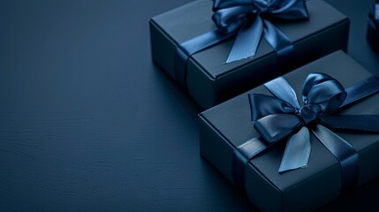 Two elegant gift boxes adorned with blue ribbons against a dark blue backdrop. Monochromatic side view. Perfect for Father’s Day or Valentine’s Day gifts for him