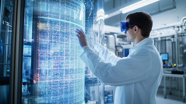 A technician stands beside a towering bioreactor, encased in glass and filled with bubbling liquids, using augmented reality glasses to monitor the biotech production process in re