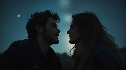 Loving couple sharing a moment together in silhouette against a twilight sky