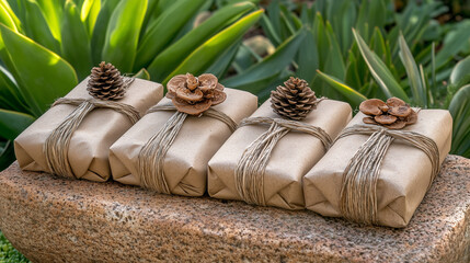 Beautifully Wrapped Gifts With Natural Decorations on a Stone Surface Among Lush Greenery