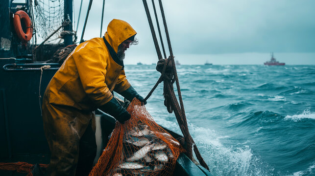 A commercial fisherman hauling in nets filled with fish on a boat, with the rough sea and overcast sky behind, highlighting the gritty and challenging nature of the fishing industry