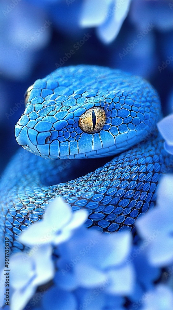 Sticker   Close-up of a blue snake's head with white flowers in the foreground and blue petals in the background