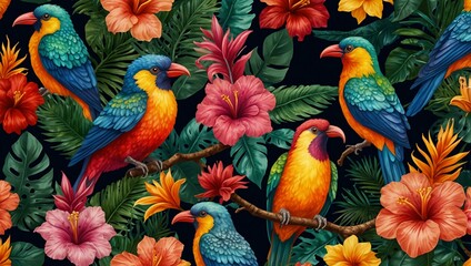 Seamless pattern with vibrant tropical birds and flowers.