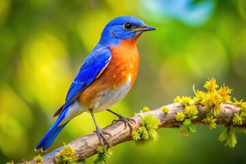 Vibrant Bluebird Perched on Branch Against a Clear Sky in a Natural Outdoor Setting