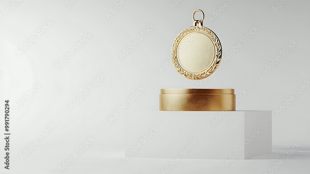 Poster a gold round frame with a decorative pattern sits above a matching golden podium on a white backgrou