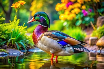 Obraz premium Vibrant Duck Colors Displayed in Nature: A Beautiful Multicolored Waterfowl Scene by the Pond