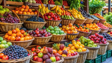 Obraz premium Vibrant Fruit Stand Displaying Fresh Seasonal Fruits in Baskets at Outdoor Market Stall
