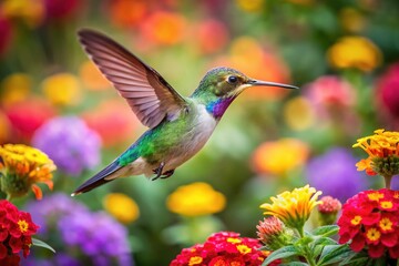 Fototapeta premium Vibrant Hummingbird in Flight Surrounded by Colorful Flowers in a Lush Garden Setting
