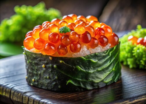 Vibrant Japanese Tabiko Sushi Topped with Bright Salmon Roe Garnished with Wasabi and Seaweed