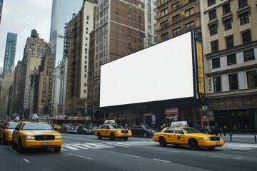 A blank billboard stands prominently in a bustling city intersection with taxis passing on a cloudy day