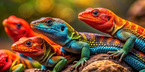 Obraz premium Vibrant Lizards with Striking Red Heads Displaying Colorful Patterns in Natural Habitat
