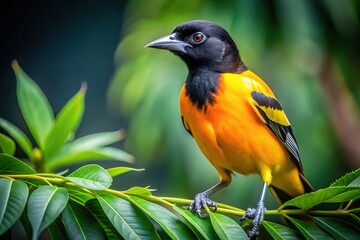 Fototapeta premium Vibrant oriole bird in striking yellow and black plumage perched amidst lush green foliage