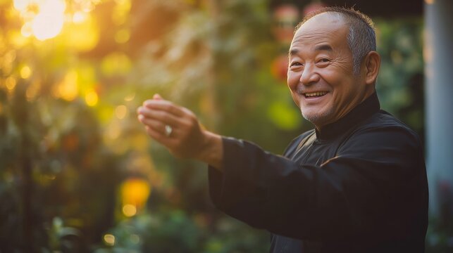An enthusiastic man performs tai chi in a tranquil garden enjoying peace and harmony