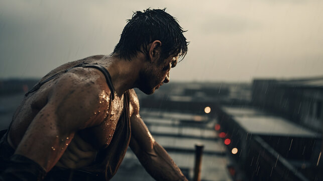 Action shot with man fighting on the roof. Dynamic martial arts scene in action movie blockbuster style.