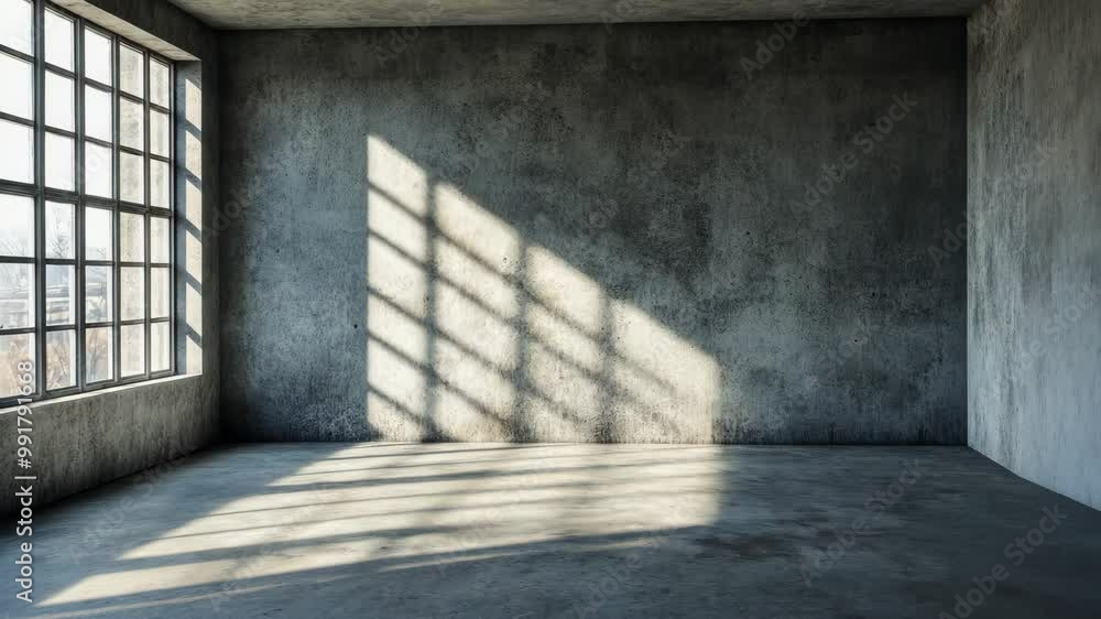 Poster sunlight streams through a large window in a concrete room, casting long shadows on the floor