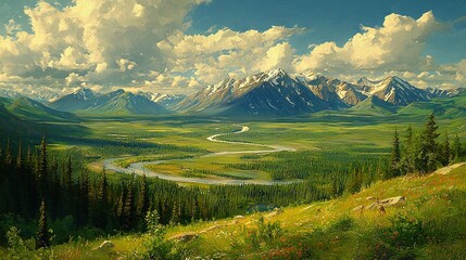 Obraz premium Mountain valley painting featuring a winding road in the foreground and majestic mountains in the backdrop