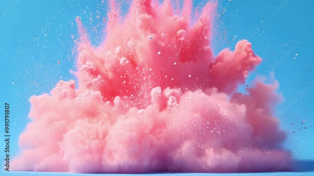 Poster pink powder explodes energetically against a vibrant blue backdrop, creating a dynamic and colorful 