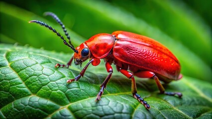 Fototapeta premium Vibrant Red Bug Crawling on Green Leaf in Nature's Habitat, Macro Photography of Insect Life