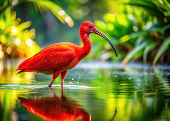 Vibrant Red Ibis Wading Gracefully in Shimmering Waters Surrounded by Lush Greenery and Nature