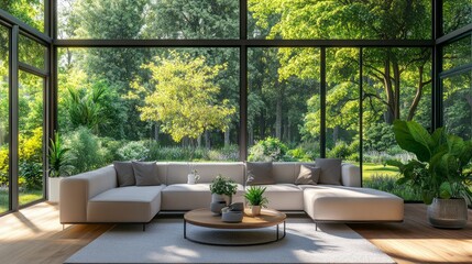 A 3D rendering of a modern living room with a garden view.There are big windows that look out over the surrounding landscape and garden.