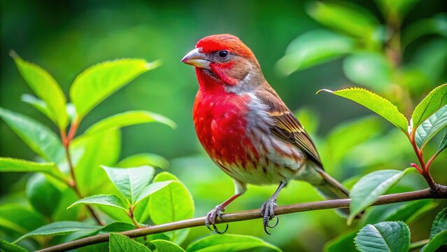 Vibrant Red Finch Perched on a Branch Amidst Lush Green Foliage in a Natural Habitat Setting