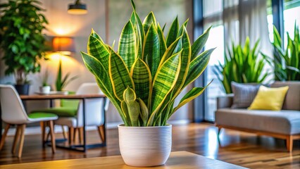 Fototapeta premium Vibrant Snake Plant in Modern Home Decor Setting Showcasing Lush Green Leaves and Elegant Design