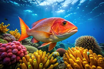 Vibrant Snapper Fish Swimming in Clear Ocean Waters Against a Colorful Coral Reef Background