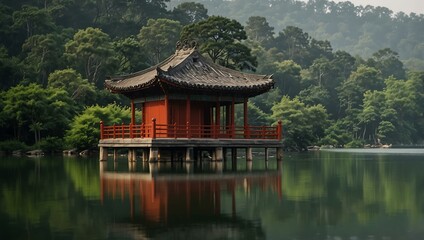 Serene pavilion above a lake with traditional architecture.