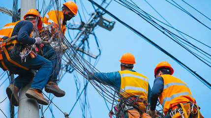 A diverse team of electricians working on power lines, wearing high-visibility vests and safety gear, with one worker at the top of a pole fixing cables while others provide support on the ground