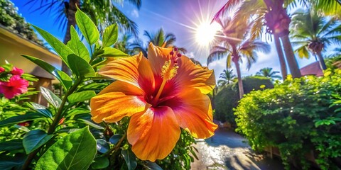 Vibrant tropical bunga flower blooming in lush green foliage under bright sunlight in a garden setting