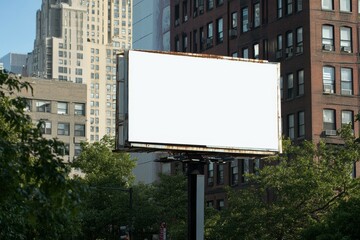 Fototapeta premium A blank billboard stands in the heart of a bustling city, surrounded by buildings and greenery on a sunny day
