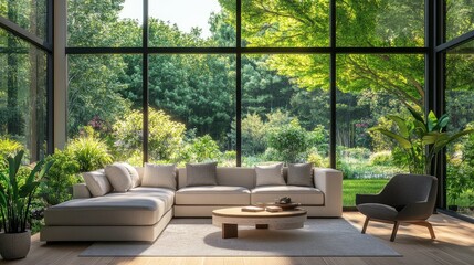 A 3D rendering of a modern living room with a garden view.There are big windows that look out over the surrounding landscape and garden.