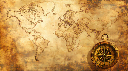 Naklejka premium Illustration of ancient compass on old vintage world map banner background, generative ai. Pirate Treasure Map. Illustration