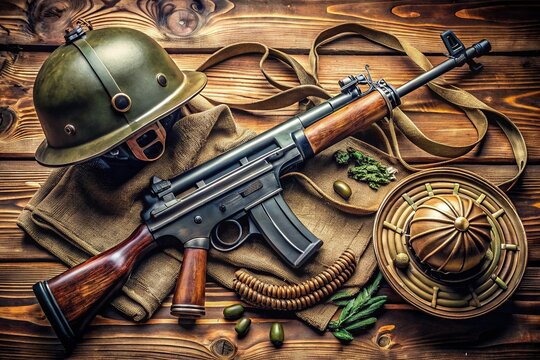 Vintage Submachine Gun Displayed on Wooden Background with Military Accessories and Gear Nearby