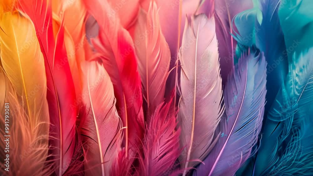 Poster a close-up of colorful feathers arranged in a rainbow pattern