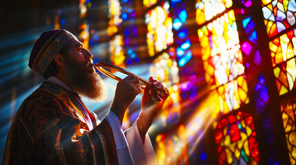 Fototapeta premium A rabbi blowing the shofar at a synagogue, capturing the solemn moment of tradition as light streams through stained glass windows, emphasizing cultural heritage and spirituality
