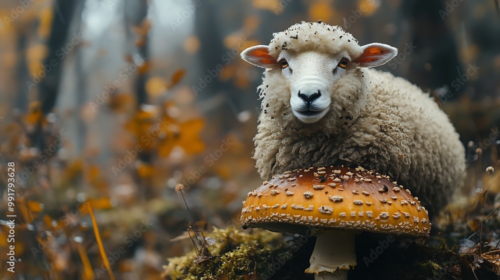 Poster a white sheep sits on a large mushroom in a forest with a blurry background of trees and leaves.