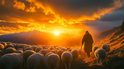 Silhouette of a shepherd leading a flock of sheep at sunset in the mountains.