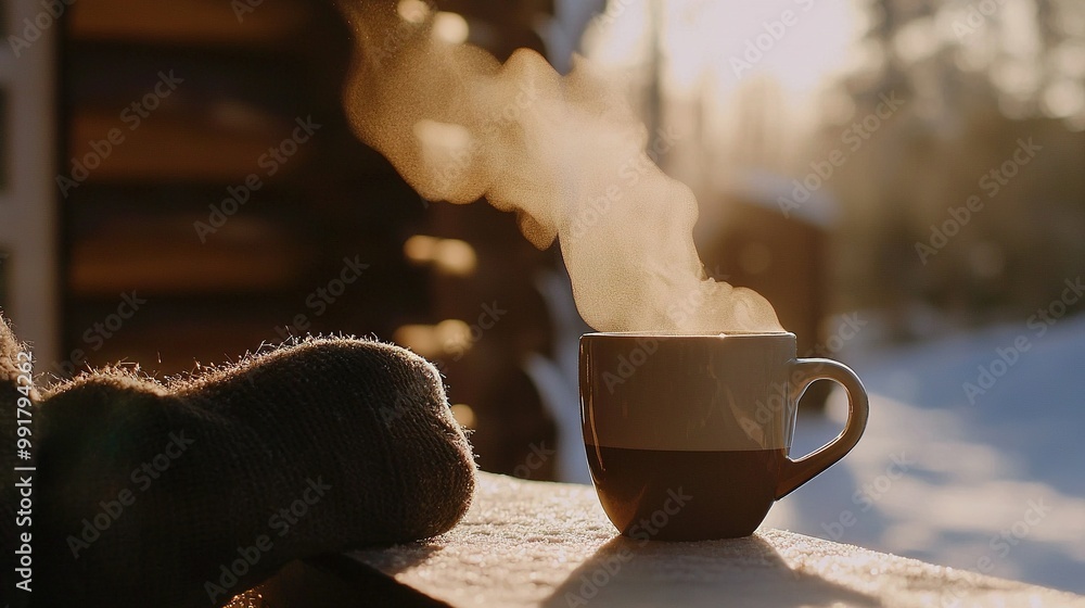 Sticker   A mug of joe on a wooden plank near someone's toes amidst winter snow