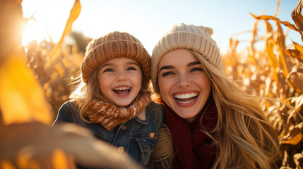 A mother and child gleefully finding a dead-end in the corn maze, their faces lit up with smiles as they turn around to try another path on the crisp autumn day