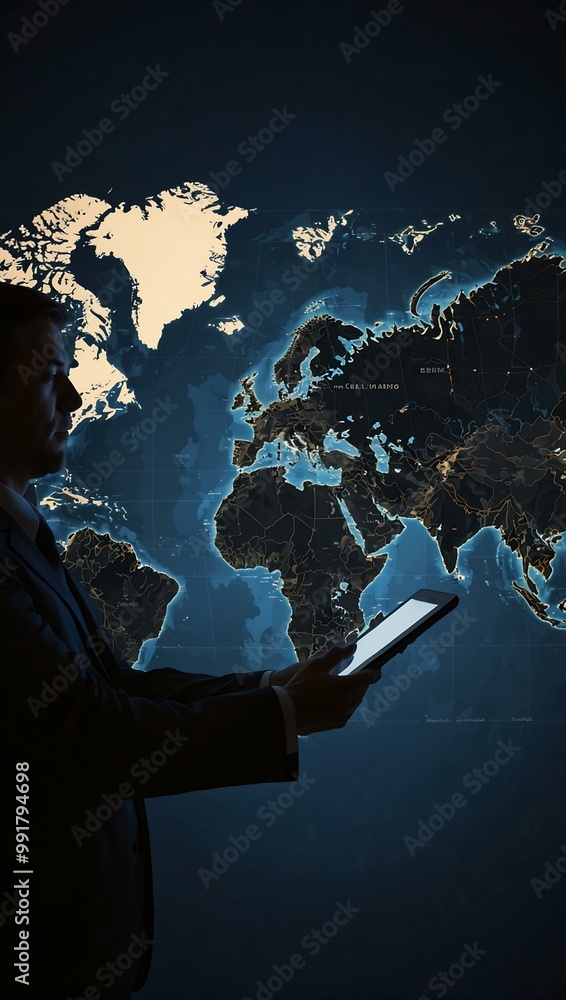 Poster silhouette of a businessman using a tablet in front of a world map.