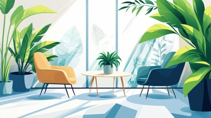 Modern Tropical Interior with Cozy Ambiance and Lush Plants for Relaxation and Serenity