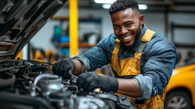 A joyful mechanic works diligently on an engine in a vibrant automotive workshop