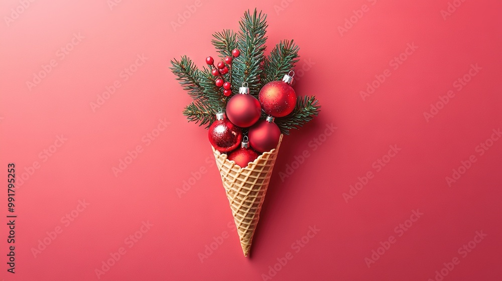 Sticker   A Christmas tree topper features a red cone filled with decorative ornaments on top of a pink surface, crowned with a green pine cone