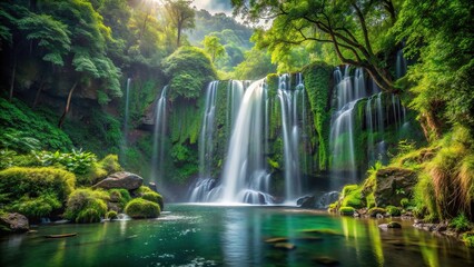 Obraz premium A stunning waterfall hidden in a lush, dense forest, with a mesmerizing depth of field, scenic, flowing, hidden, stream, serene, fresh, landscape, forest, beauty, picturesque, nature